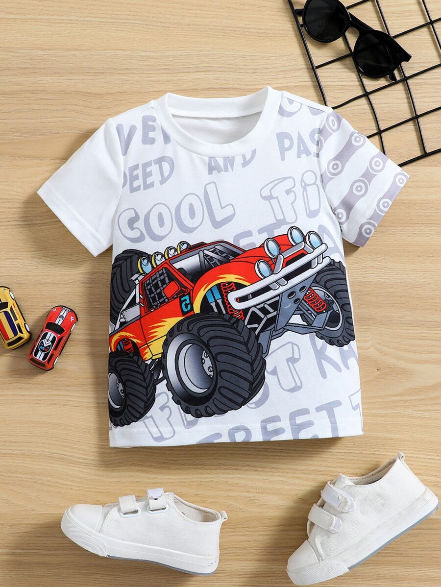 SHEIN Young Boy Cute Off-Road Car Pattern T-Shirt, Suitable For Boys Aged 4-7 Years Old To Wear In Autumn, Spring And Winter