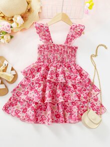 SHEIN 小女童滿版印花荷葉邊層疊下擺連衣裙