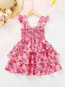 SHEIN 小女童滿版印花荷葉邊層疊下擺連衣裙