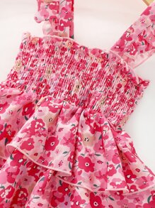 SHEIN 小女童滿版印花荷葉邊層疊下擺連衣裙