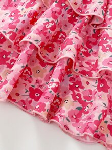 SHEIN 小女童滿版印花荷葉邊層疊下擺連衣裙