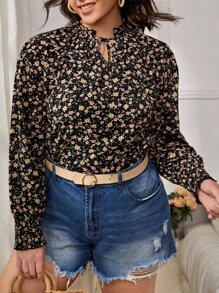 SHEIN VCAY Blusa floral de cuello con cordón - Multicolor - Ver 5