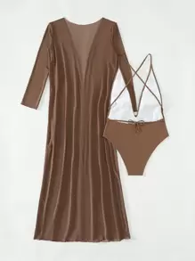 SHEIN Swim Bañador una pieza unicolor de espalda abierta con kimono - Café integral - Ver 4