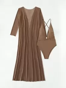 SHEIN Swim Bañador una pieza unicolor de espalda abierta con kimono - Café integral - Ver 6