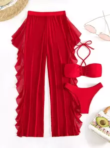 SHEIN Swim 2025 Separate Bikini Set, 3pcs, Wireless Summer - Red - View 3