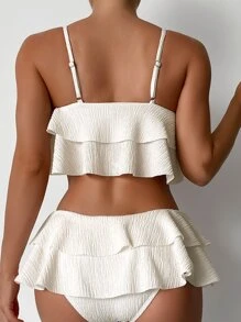 SHEIN Swim Conjunto de bikini texturizado de verano con top tipo camiseta de volantes y falda de volantes, 2 piezas