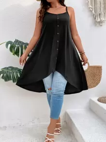 SHEIN LUNE Áo hai dây Plus Size Nút phía trước Bất đối xứng màu trơn Giải trí - màu đen - Xem 1