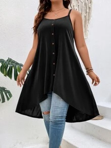 SHEIN LUNE Áo hai dây Plus Size Nút phía trước Bất đối xứng màu trơn Giải trí - màu đen - Xem 3