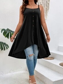 SHEIN LUNE Áo hai dây Plus Size Nút phía trước Bất đối xứng màu trơn Giải trí - màu đen - Xem 5