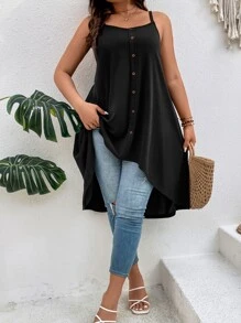 SHEIN LUNE Áo hai dây Plus Size Nút phía trước Bất đối xứng màu trơn Giải trí - màu đen - Xem 6