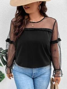 SHEIN LUNE Plus Contrast Mesh Flounce Sleeve Frill Trim Top - Black - View 1