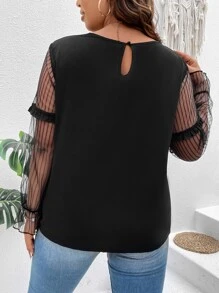 SHEIN LUNE Plus Contrast Mesh Flounce Sleeve Frill Trim Top - Black - View 2