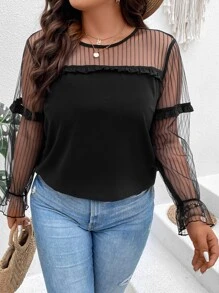 SHEIN LUNE Plus Contrast Mesh Flounce Sleeve Frill Trim Top - Black - View 6