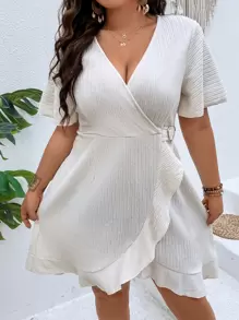 SHEIN Clasi 大碼蝴蝶袖荷葉邊圍裹連衣裙 - 米色 - 查看 5