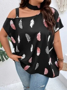 SHEIN LUNE 大碼羽毛印花不對稱領襯衫 - 黑色 - 查看 1