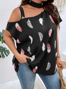 SHEIN LUNE 大碼羽毛印花不對稱領襯衫 - 黑色 - 查看 4