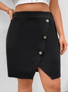 Calvaya Plus Button Front Wrap Hem Skirt - Black - View 1