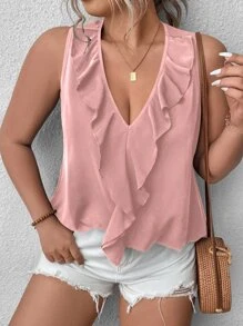 SHEIN Holidaya 大碼荷葉邊無袖襯衫 - 藕粉色 - 查看 3