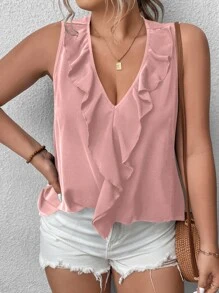 SHEIN Holidaya 大碼荷葉邊無袖襯衫 - 藕粉色 - 查看 4