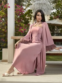 Modelyn Lace Up Side Halter Dress & Fringe Cuff Open Front Coat - Dusty Pink - View 3