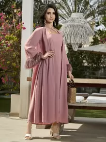 Modelyn Lace Up Side Halter Dress & Fringe Cuff Open Front Coat - Dusty Pink - View 1