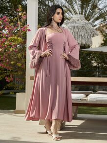 Modelyn Lace Up Side Halter Dress & Fringe Cuff Open Front Coat - Dusty Pink - View 4