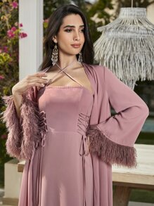Modelyn Lace Up Side Halter Dress & Fringe Cuff Open Front Coat - Dusty Pink - View 6