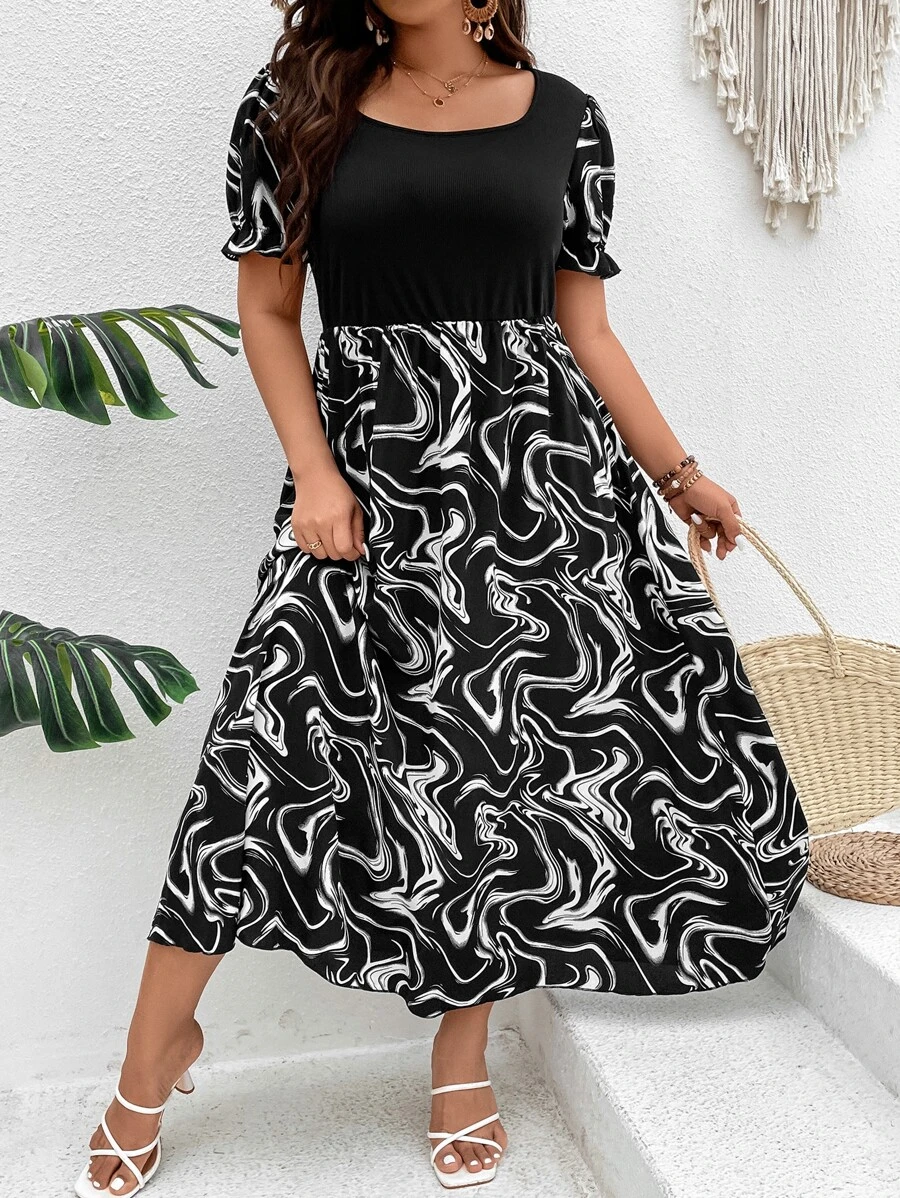 SHEIN LUNE Plus Marble Print Puff Sleeve Dress - Black and White - View 1