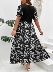 SHEIN LUNE Plus Marble Print Puff Sleeve Dress - Black and White - View 2