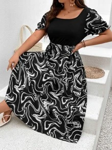 SHEIN LUNE Plus Marble Print Puff Sleeve Dress - Black and White - View 3