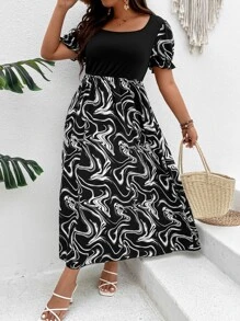 SHEIN LUNE Plus Marble Print Puff Sleeve Dress - Black and White - View 5