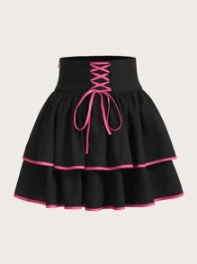 ROMWE PUNK Contrast Binding Lace Up Skirt - Black - View 1