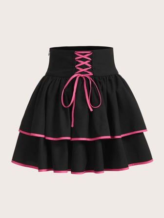 Contrast Binding Lace Up Skirt
