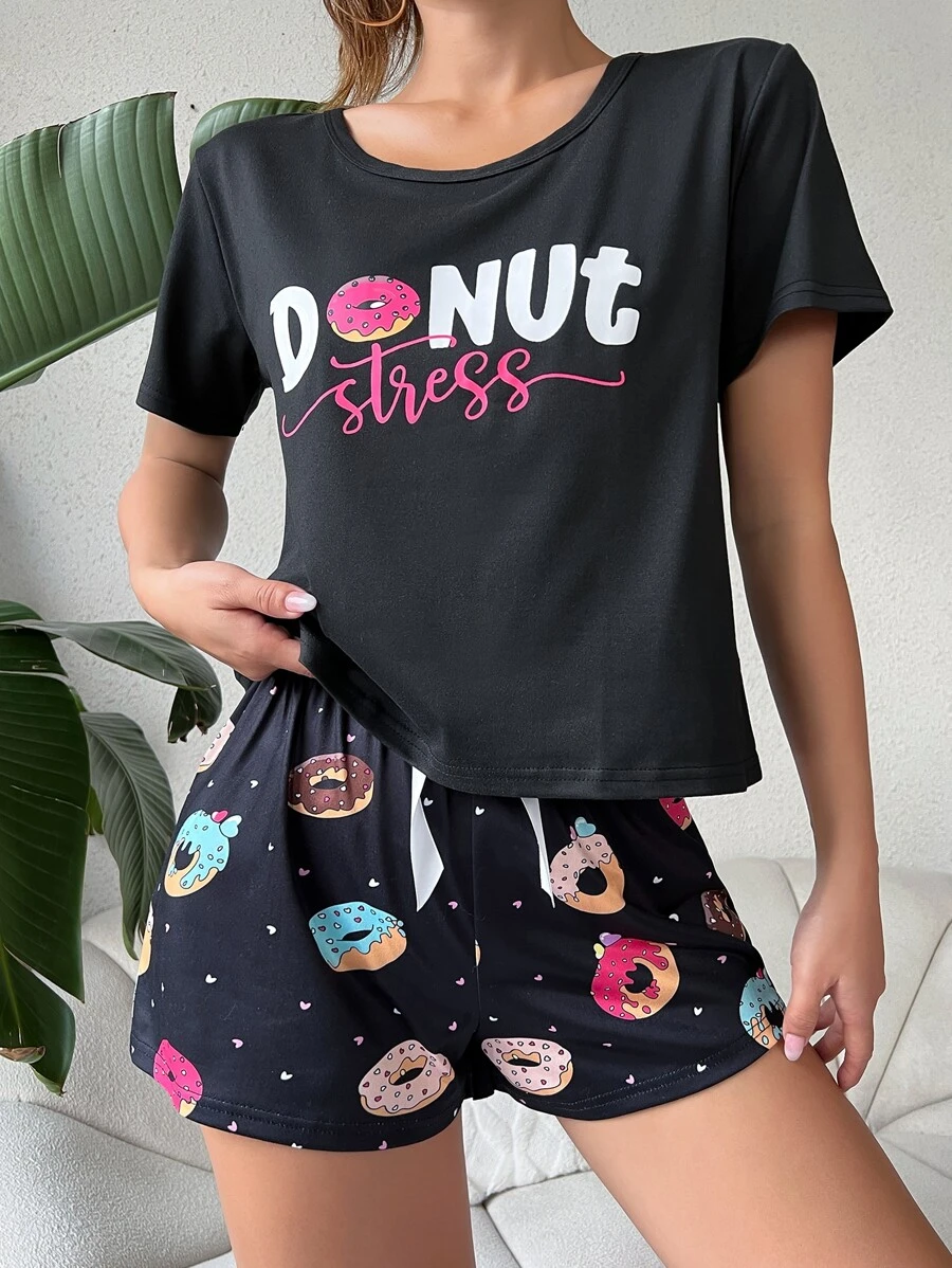 Donut & Letter Graphic PJ Set - Black - View 1