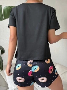 Donut & Letter Graphic PJ Set - Black - View 2
