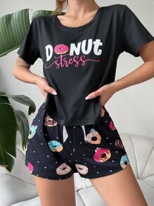 Donut & Letter Graphic PJ Set - Black - View 3