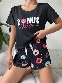 Donut & Letter Graphic PJ Set - Black - View 4