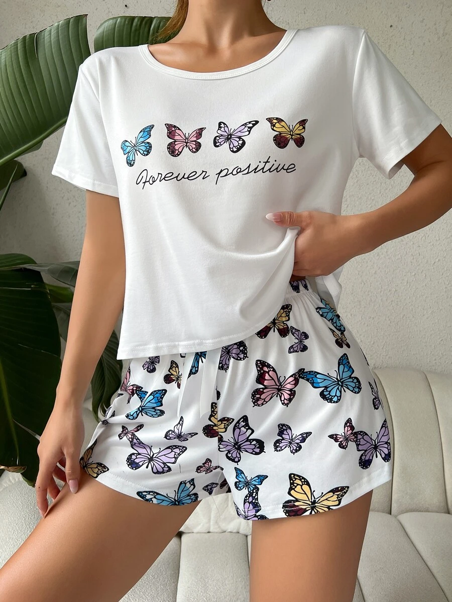 Butterfly & Slogan Graphic Tee & Shorts PJ Set / Pajama Set - Multicolor - View 1