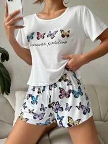Butterfly & Slogan Graphic Tee & Shorts PJ Set / Pajama Set - Multicolor - View 4