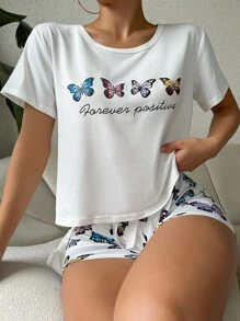 Butterfly & Slogan Graphic Tee & Shorts PJ Set / Pajama Set - Multicolor - View 5