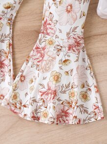 SHEIN 小女童挖肩前蝴蝶結T恤和印花喇叭褲 - 白色 - 查看 4