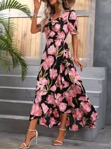 SHEIN VCAY Floral Print Puff Sleeve Knot Side Wrap Dress - Black - View 6