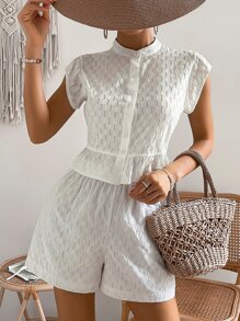 SHEIN VCAY Bộ đồ hai mảnh nữ Nút phía trước màu trơn Giải trí - trắng - Xem 1