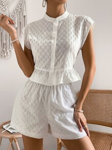 SHEIN VCAY Bộ đồ hai mảnh nữ Nút phía trước màu trơn Giải trí - trắng - Xem 4
