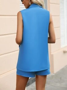 SHEIN Privé Double Breasted Vest Blazer & Shorts - Blue - View 2