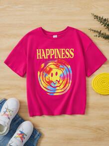SHEIN Tween Girl Cute Cartoon Pattern Knitted Comfortable Casual Short Sleeve T-Shirt With Round Neckline