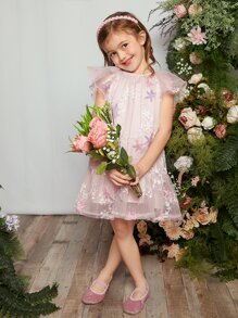 SHEIN Đầm bé gái Đề can Thêu Viên lá sen Hình học Dễ thương - Nhiều màu - Xem 2