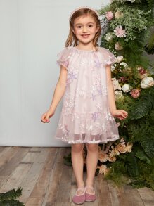SHEIN Đầm bé gái Đề can Thêu Viên lá sen Hình học Dễ thương - Nhiều màu - Xem 5