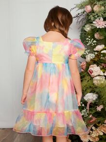 SHEIN 小女童紮染泡泡袖荷葉邊洋裝