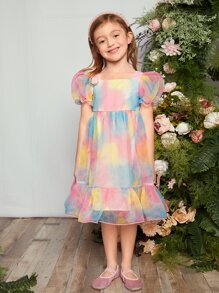 SHEIN 小女童紮染泡泡袖荷葉邊洋裝